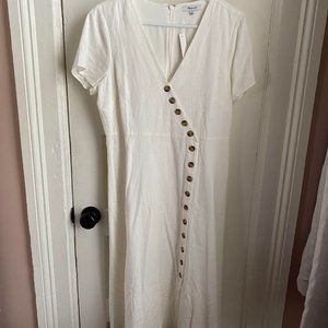 Linen-Blend Button-Wrap Midi Dress